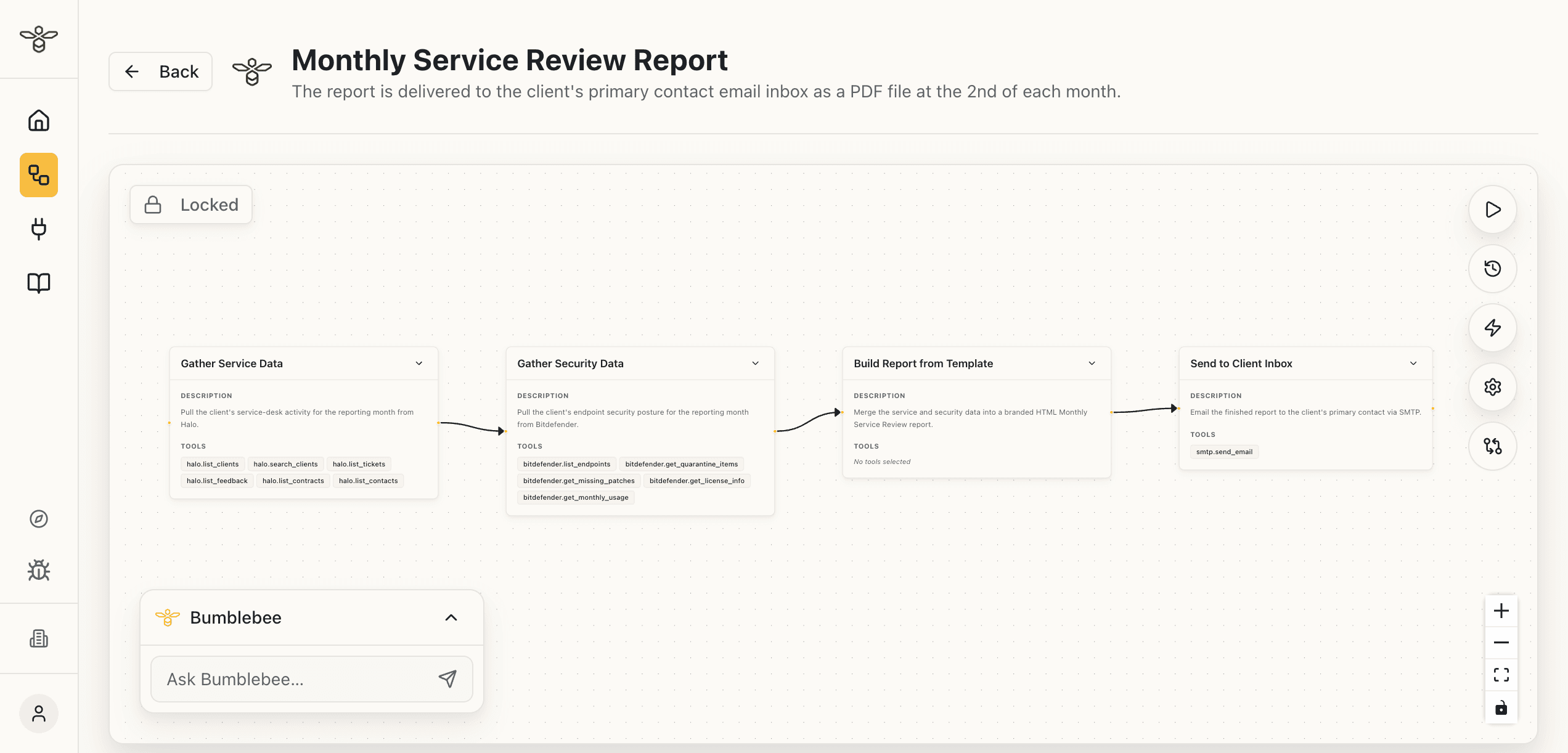 The Bumblebee platform running a Monthly Service Review Report workflow